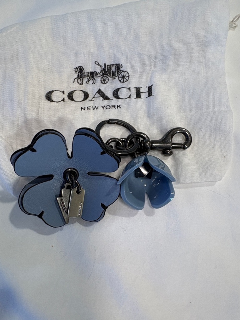 NWOT Coach Black & Light Blue Tea Rose Floral Keyring Bag Charm - Picture 2 of 7